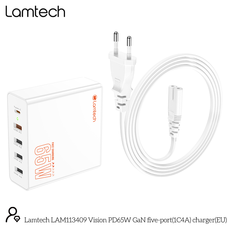LAMTECH GAN FAST CHARGER 1xTYPE-C & 4xQC3.0 65W & EU CABLE 1.5M