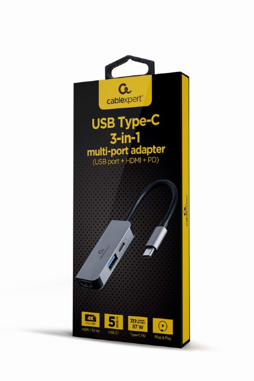 CABLEXPERT USB TYPE-C 3IN1 MULTI-PORT ADAPTER (USB PORT+HDMI+PD) SILVER