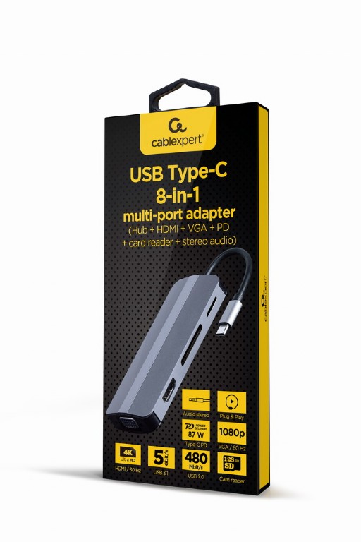 CABLEXPERT USB TYPE-C 8IN1 MULTI-PORT ADAPTER (HUB+HDMI+VGA+PD+CARD READER+STEREO AUDIO) SILVER