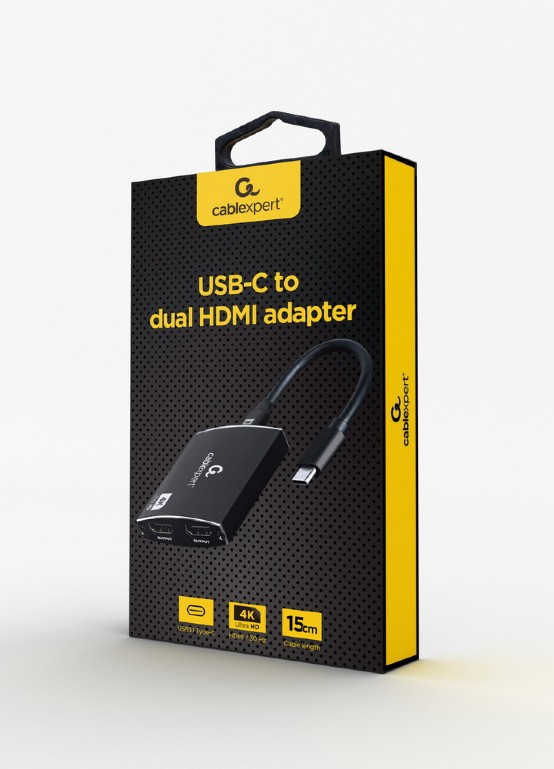 CABLEXPERT USB-C TO DUAL HDMI ADAPTER 4K 60HZ BLACK RETAIL PACK