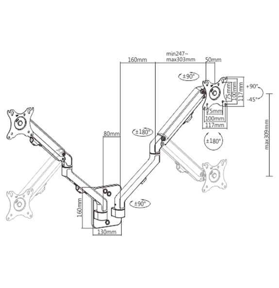 GEMBIRD ADJUSTABLE WALL 2-DISPLAY MOUNTING ARM 17'-27', UP TO 7KG