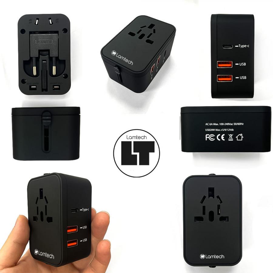 LAMTECH UNIVERSAL POWER TRAVEL ADAPTER 2XUSB 1XTYPE-C 20W BLACK