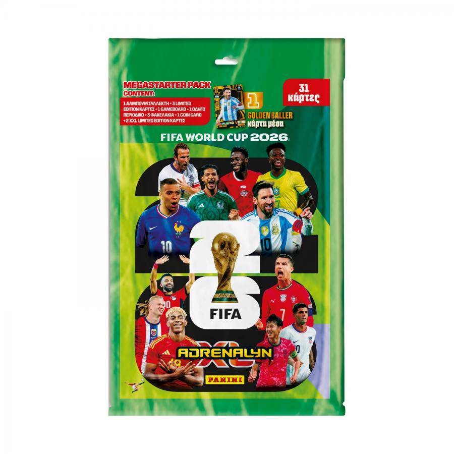 Panini World Cup 2026: Adrenalyn Mega Starter Pack (1 binder, 1 οδηγό συλλογής, 1 game board, 3 φακελάκια με 8 κάρτες έκαστο, 3 limited edition κάρτες, 2 XXL Limited edition κάρτες, 1 golden baller κά
