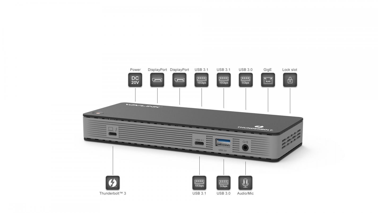 WAVLINK THUNDERBOLT 3 DOCKING STATION WITH CHARGE PD 60W WITH DP TO HDMI 4K 60HZ ADAPTER