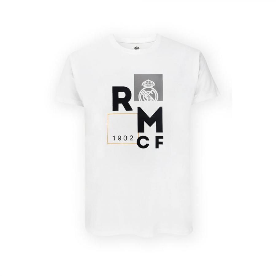 Real Madrid CF Official T-Shirt – White Minimalist 'RMCF' Block Print – Size M (RM1CE110)