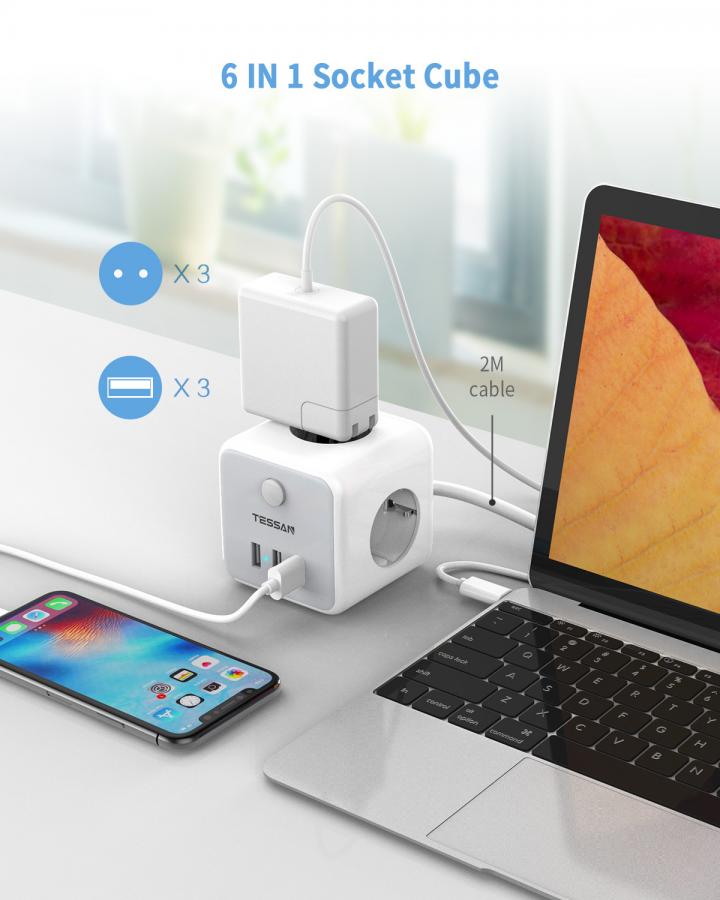 TESSAN 6 IN 1 POWERCUBE STRIP 3xSCHUKO, 2xUSB, 1xTYPE-C, 2M CABLE