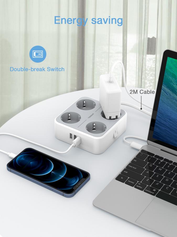 TESSAN 7 IN 1 POWER STRIP 4xSCHUKO, 2xUSB, 1xTYPE-C, 2M CABLE