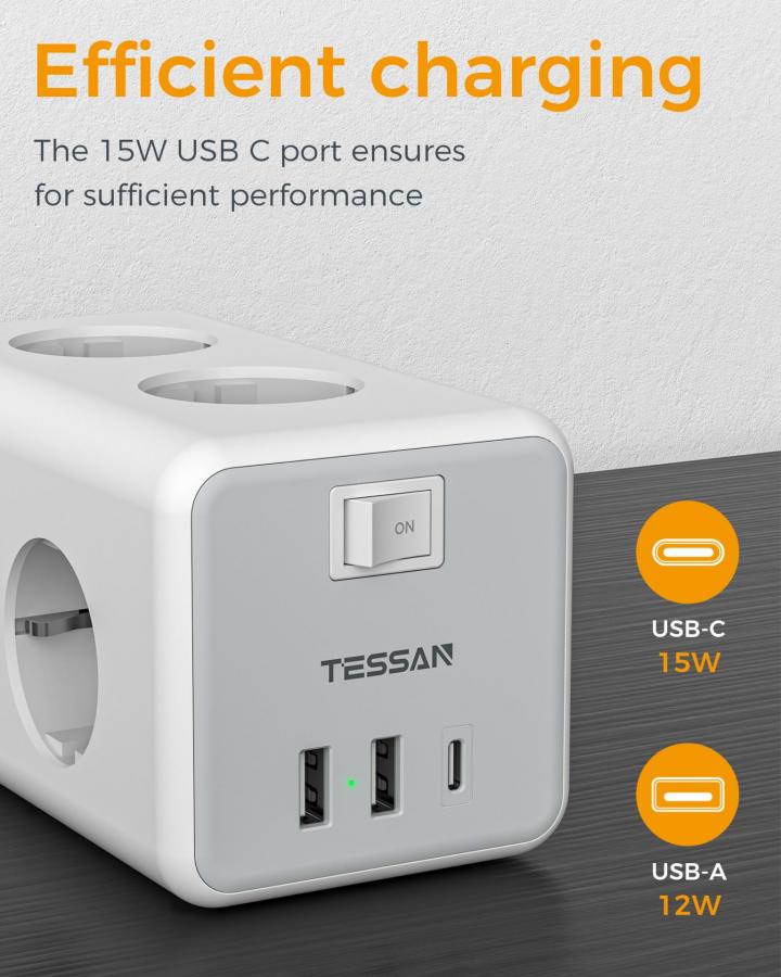 TESSAN 9 IN 1 CUBOID POWER STRIP 6xSCHUKO, 2xUSB, 1xTYPE-C, 2M CABLE