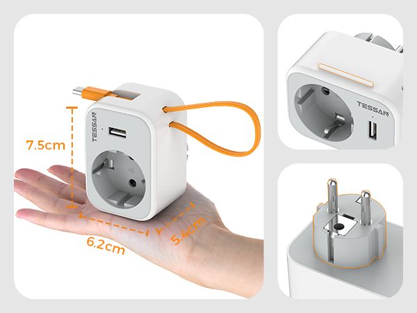 TESSAN 3 IN 1 WALL SOCKET 1xSCHUKO, 1xUSB, 1xTYPE-C CABLE 15CM