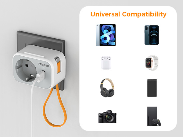 TESSAN 3 IN 1 WALL SOCKET 1xSCHUKO, 1xUSB, 1xTYPE-C CABLE 15CM