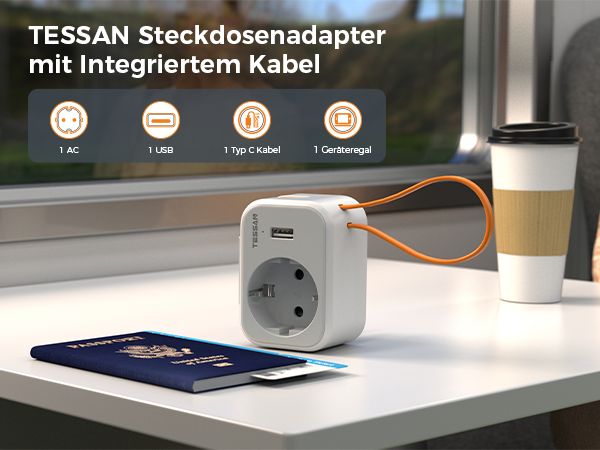 TESSAN 3 IN 1 WALL SOCKET 1xSCHUKO, 1xUSB, 1xTYPE-C CABLE 15CM