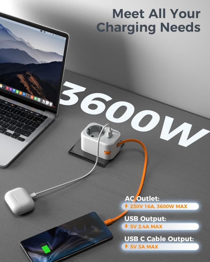 TESSAN 3 IN 1 WALL SOCKET 1xSCHUKO, 1xUSB, 1xTYPE-C CABLE 15CM