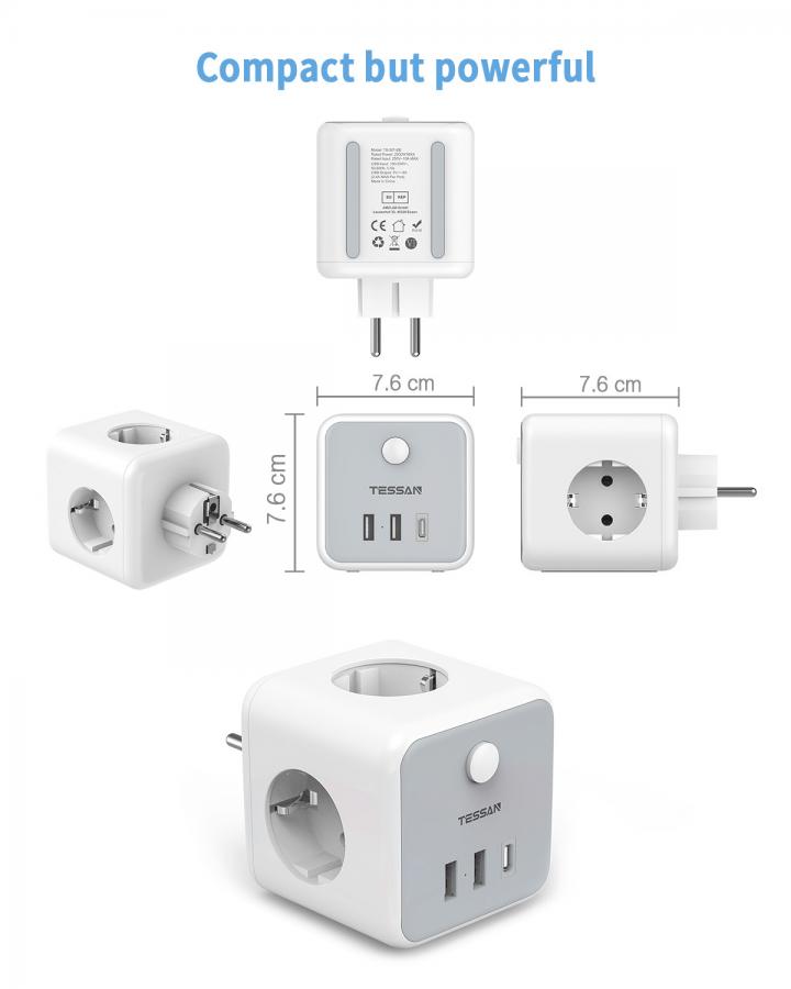 TESSAN 6 IN 1 POWERCUBE SOCKET 3xSCHUKO, 2xUSB, 1xTYPE-C