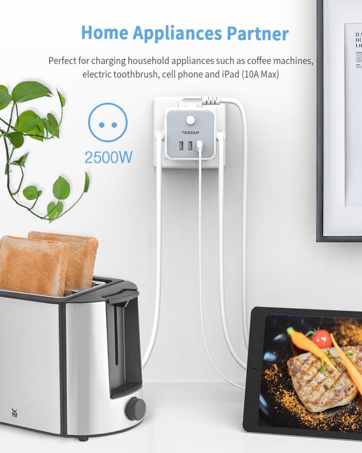 TESSAN 6 IN 1 POWERCUBE SOCKET 3xSCHUKO, 2xUSB, 1xTYPE-C