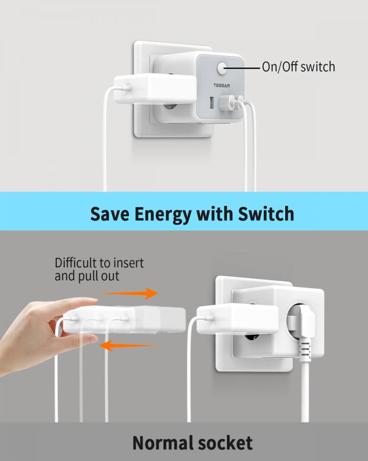TESSAN 6 IN 1 POWERCUBE SOCKET 3xSCHUKO, 2xUSB, 1xTYPE-C