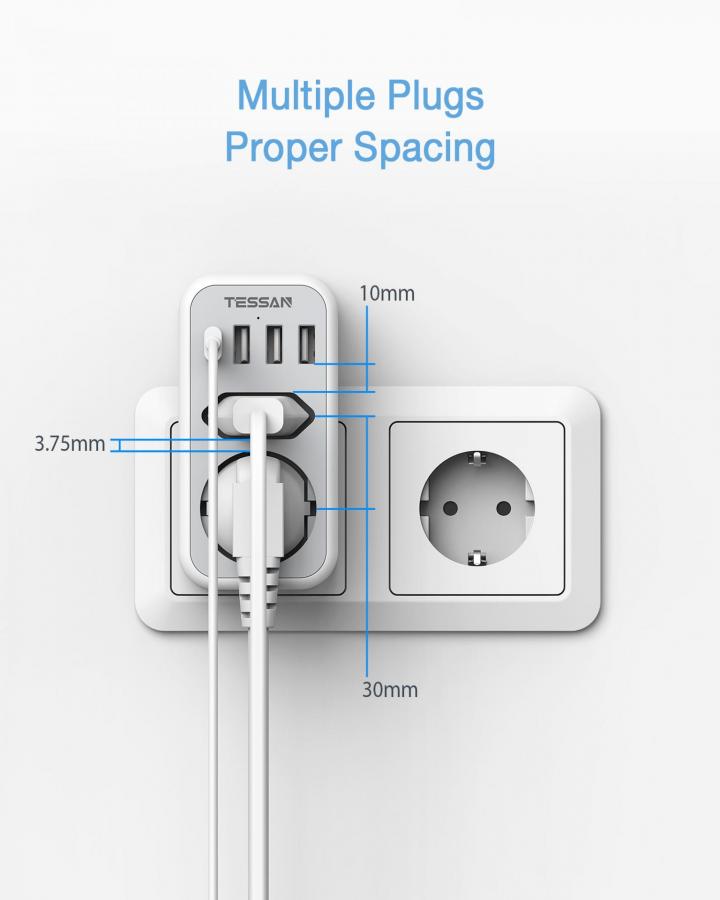 TESSAN 6 IN 1 WALL SOCKET 1xSCHUKO, 1xEU SOCKET ,3xUSB, 1xTYPE-C