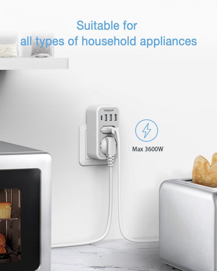 TESSAN 6 IN 1 WALL SOCKET 1xSCHUKO, 1xEU SOCKET ,3xUSB, 1xTYPE-C