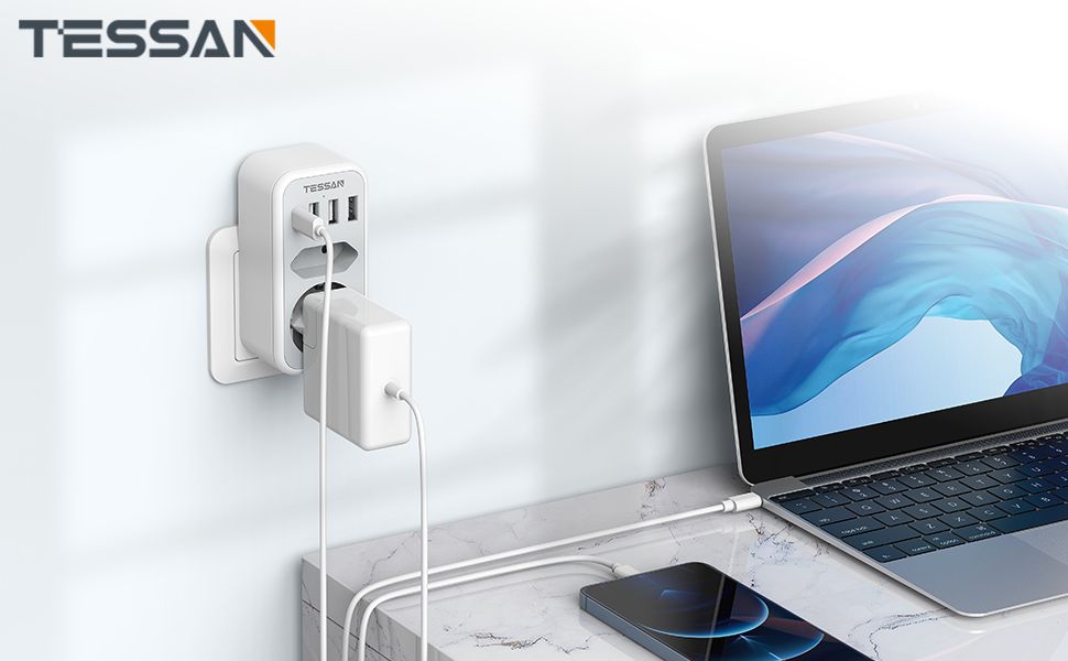 TESSAN 6 IN 1 WALL SOCKET 1xSCHUKO, 1xEU SOCKET ,3xUSB, 1xTYPE-C