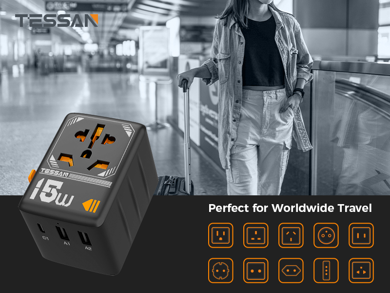 TESSAN UNIVERSAL TRAVEL ADAPTER 2xUSB, 1xTYPE-C MAX 15W