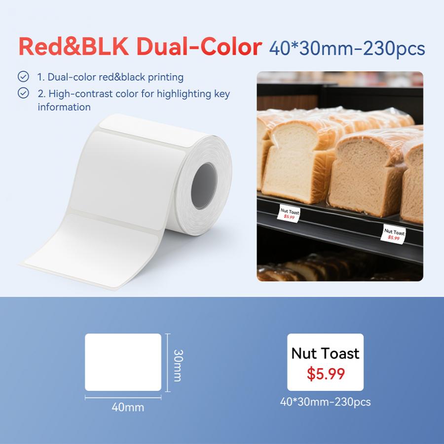 NIIMBOT THERMAL LABEL T40*30-230 RED&BLACK DUAL COLOR WHITE