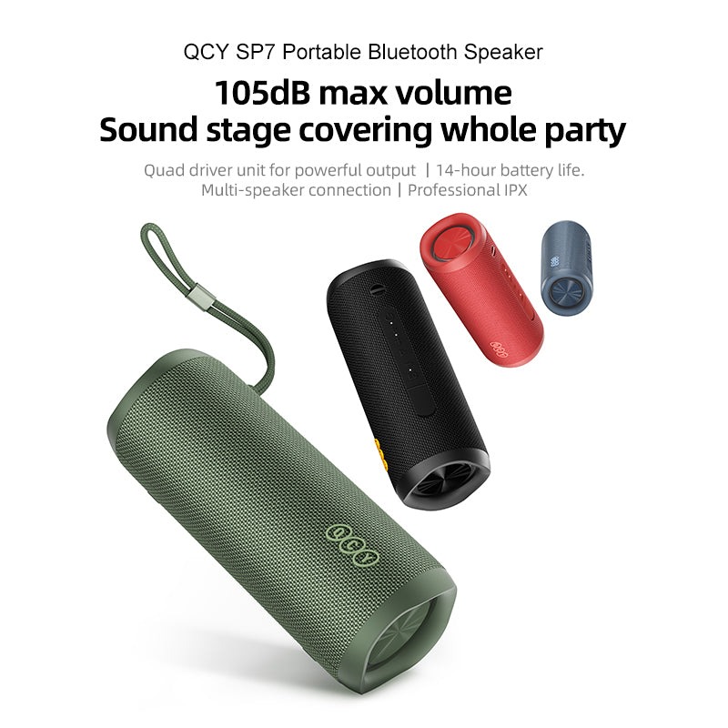 QCY SP7 Blue -  Portable Bluetooth Speaker w Stereo Sound 40W, Mic for Calls, RGB Light Show