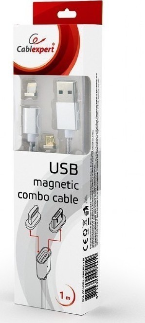 Cablexpert Magnetic 2 in 1 USB to Micro and Lightning Charging Combo Cable Silver 