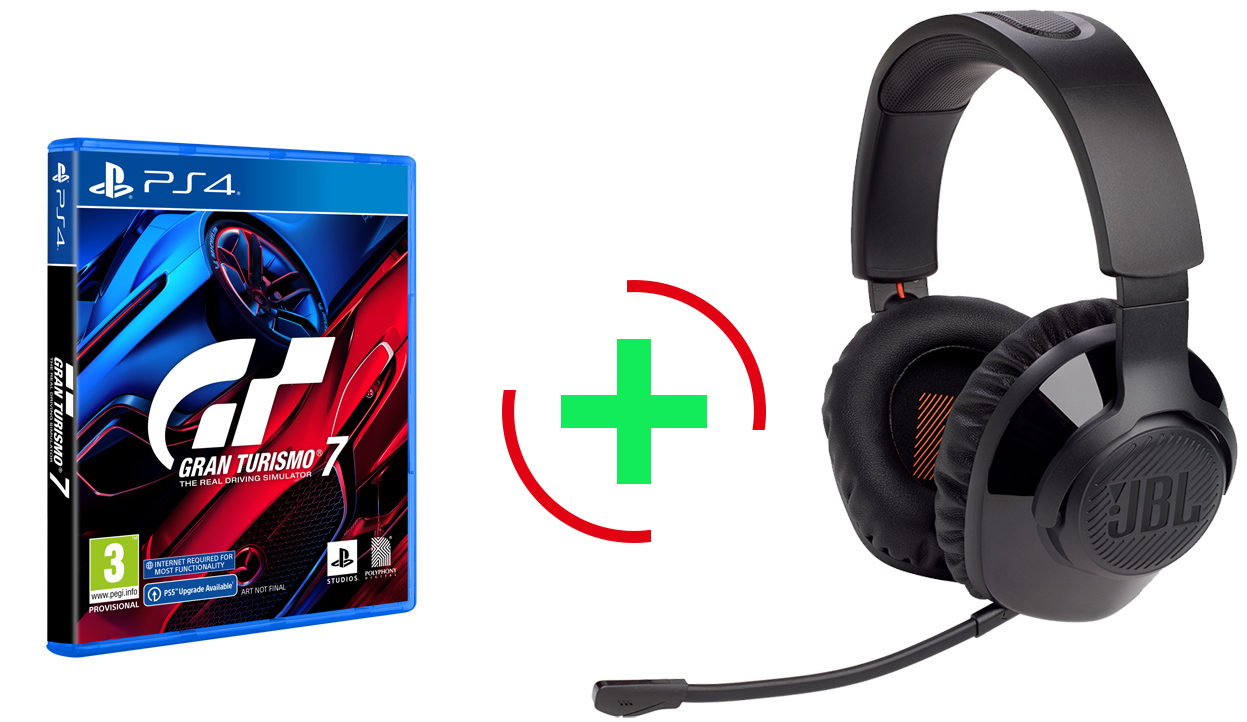 Gran Turismo 7 PS4  + JBL Quantum 350, Over-Ear Wireless 2.4Ghz Gaming Headset, (Black)