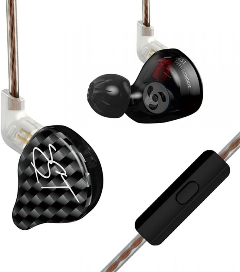 KZ ZST Black With Mic - IEM 3,5 In Ear Monitor Earphones, Dynamic Hybrid Dual Driver 1BA+1DD