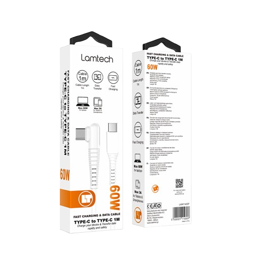 LAMTECH TYPE-C TO TYPE-C 60W ANGLED DATA & CHARGE CABLE 1M WHITE