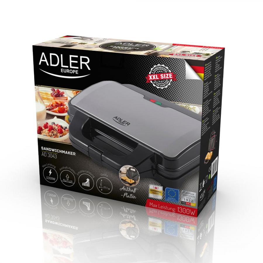 ADLER SANDWICH MAKER XXL SIZE 1300W BLACK SILVER