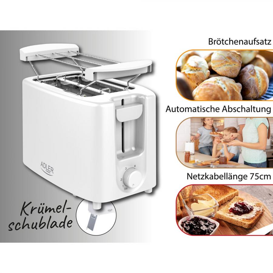 ADLER TOASTER 2 SLICE 900W WHITE