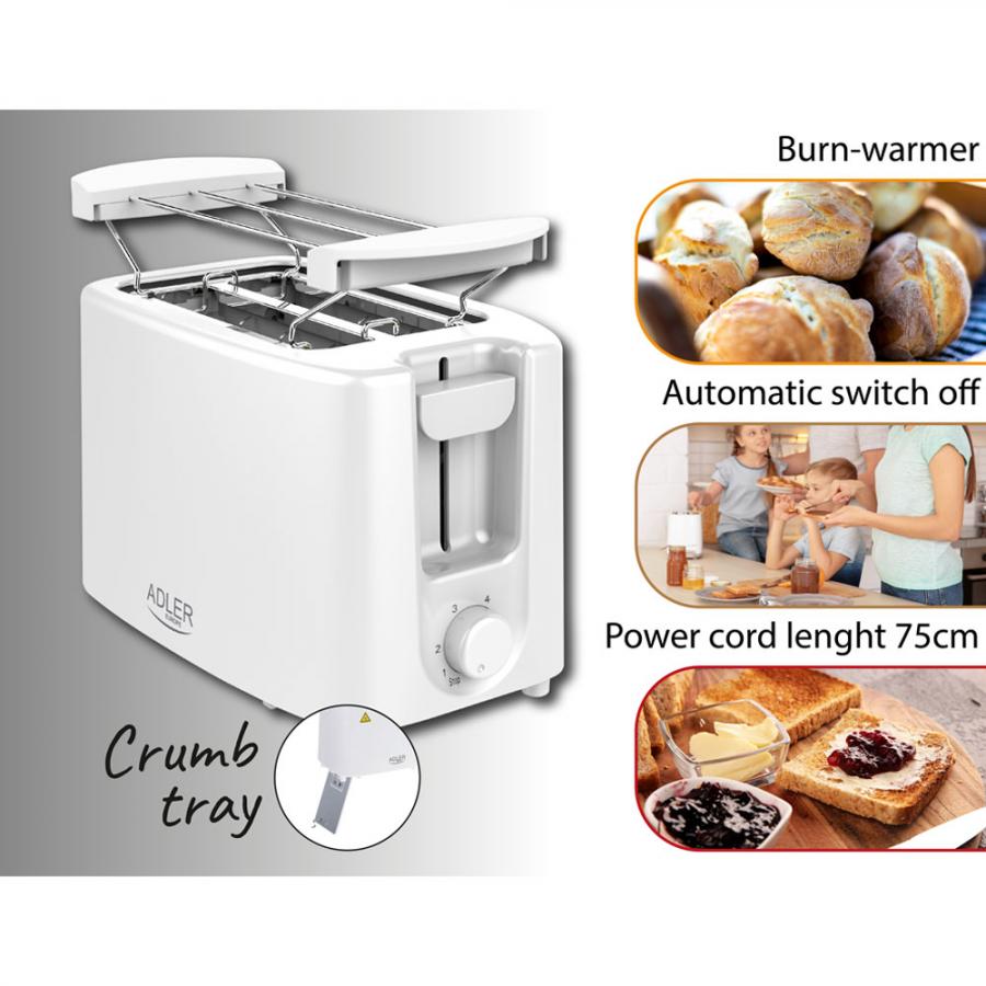 ADLER TOASTER 2 SLICE 900W WHITE
