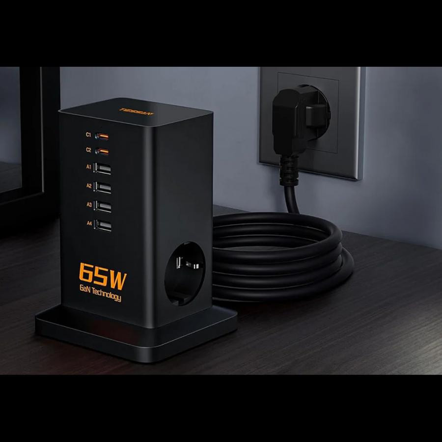 TESSAN 8 IN 1 GaN POWER STRIP 2xSCHUKO 4xUSB 2xTYPE-C 65W WITH CABLE 2M BLACK