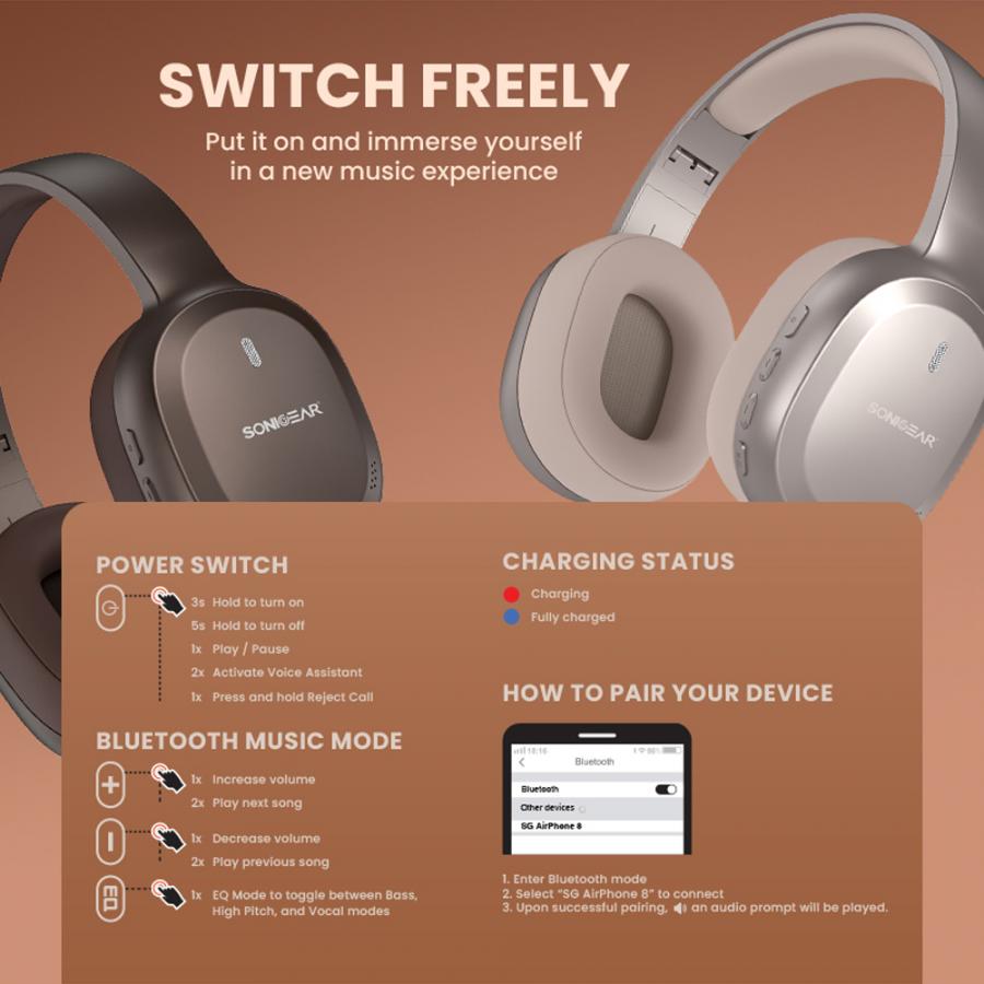 SONICGEAR 2-IN-1 BT6.0 FOLDABLE HEADPHONES AIRPHONE 8 COSMIC LATTE