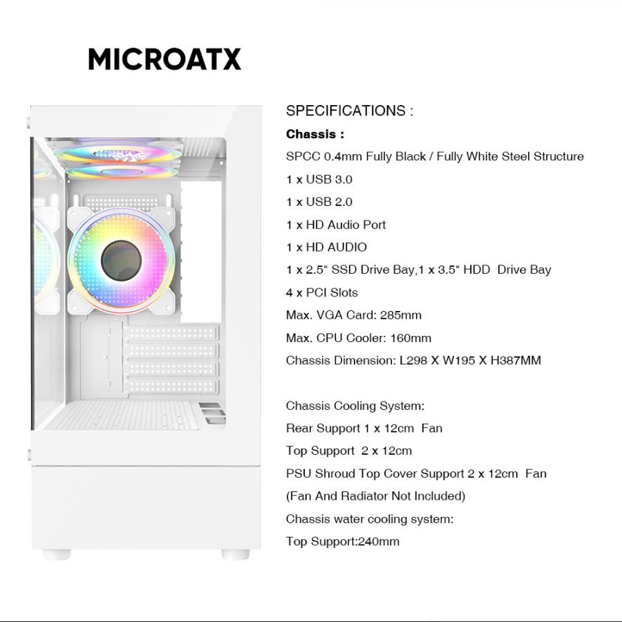 ARMAGGEDDON MICRO-ATX GAMING CASE WITH 3X CHROMA BUILT IN FANS AQUARON DUPLEX 2 CHROMA WHITE