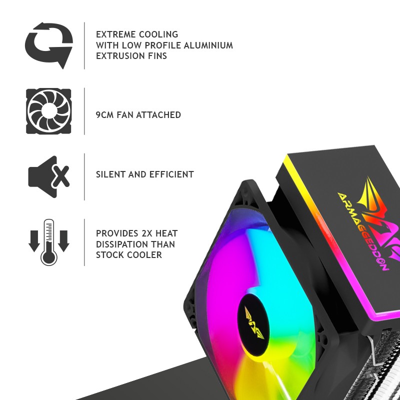ARMAGGEDDON RGB SILENT 9CM CPU COOLING FAN 2 HEAT PIPES WHITE