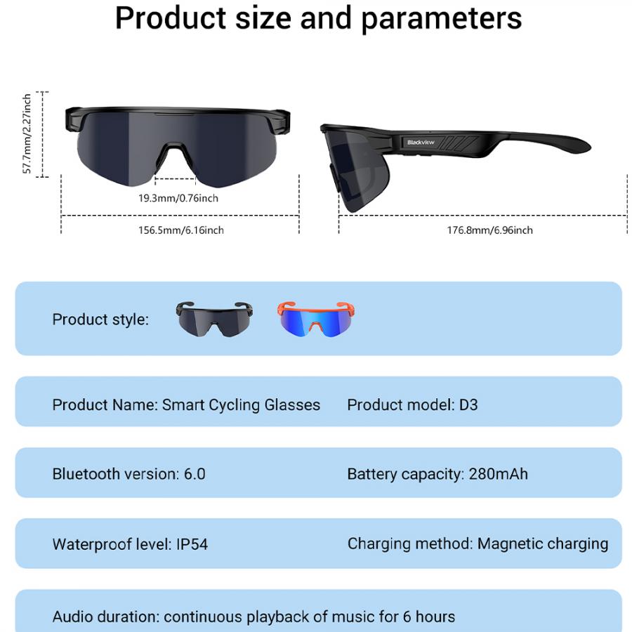 BLACKVIEW BT6.0 CYCLING SMART GLASSES UV400 PROTECTION IP54 BLACK