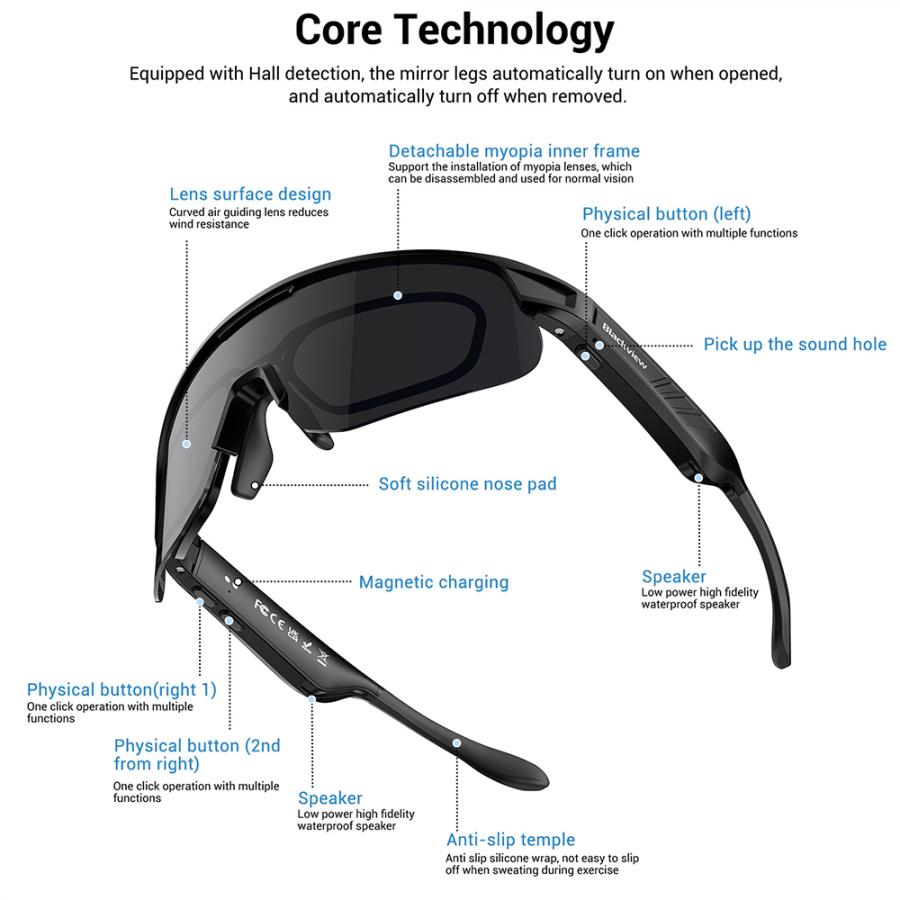 BLACKVIEW BT6.0 CYCLING SMART GLASSES UV400 PROTECTION IP54 BLACK