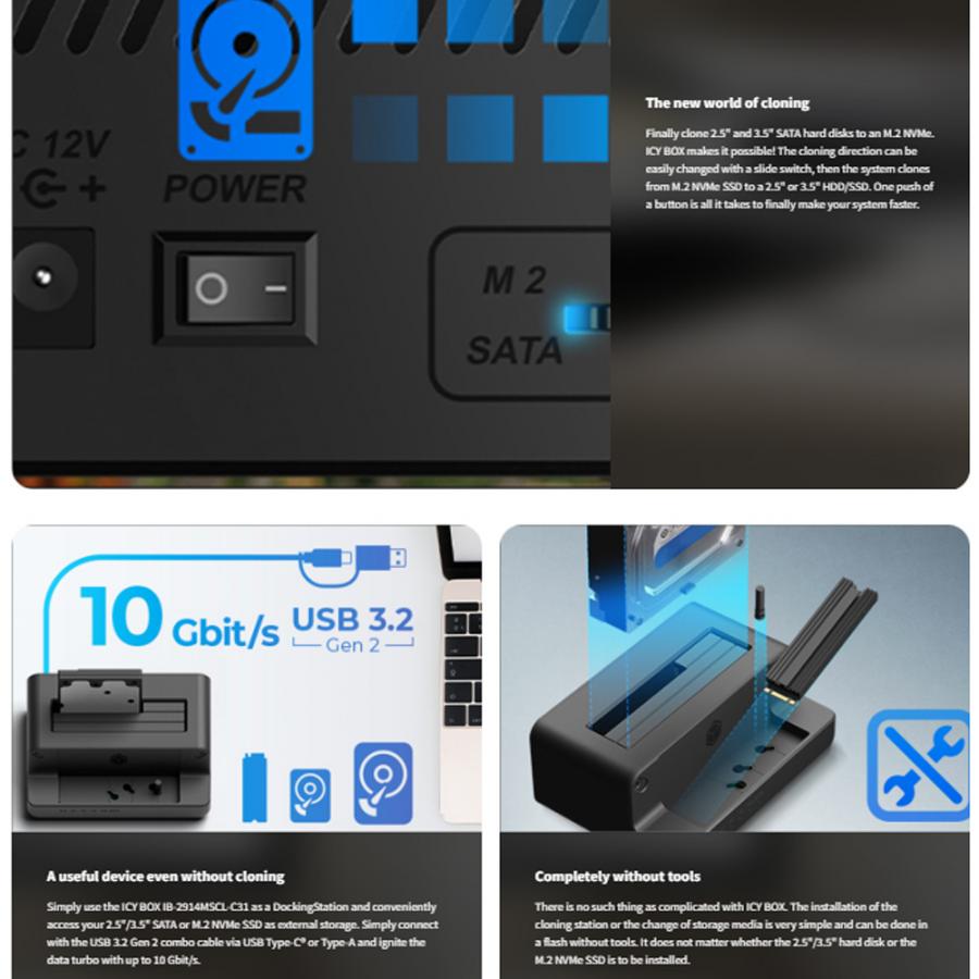 ICY BOX DOCKING & CLONE STATION FOR M.2 NVMe SSD & 2.5''/3.5'' SATA SSD/HDD
