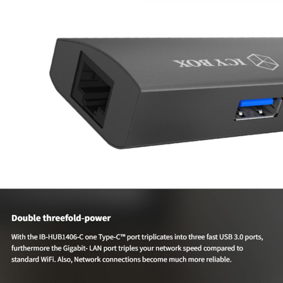 ICY BOX TYPE-C 3-PORT HUB WITH GIGABIT-LAN PORT