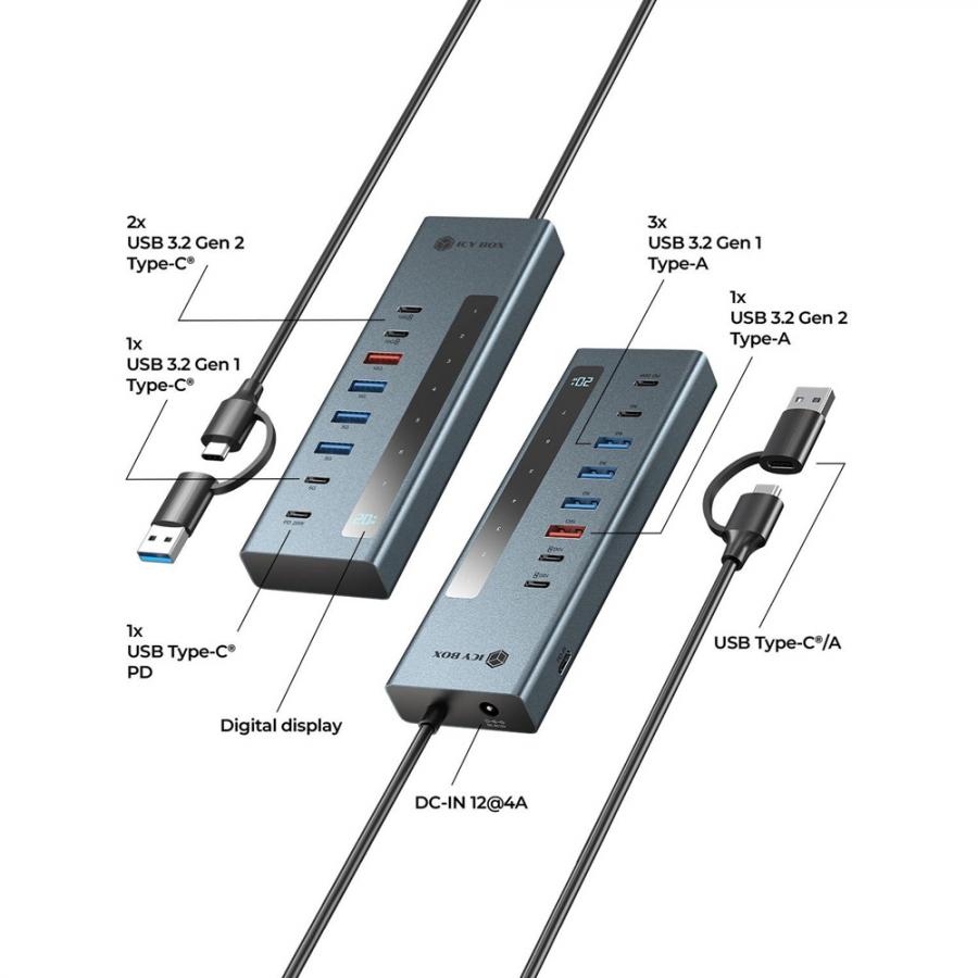 ICY BOX 9-IN-1 LED DISPLAY HUB WITH 2xTYPE-C PD100W 1xTYPE-C PD20W, 4xUSB3.2 & TYPE-C/USB HOST CONNECTION GREY