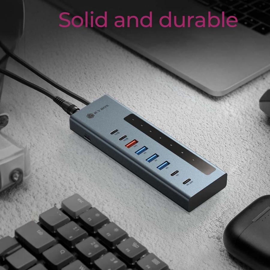 ICY BOX 9-IN-1 LED DISPLAY HUB WITH 2xTYPE-C PD100W 1xTYPE-C PD20W, 4xUSB3.2 & TYPE-C/USB HOST CONNECTION GREY