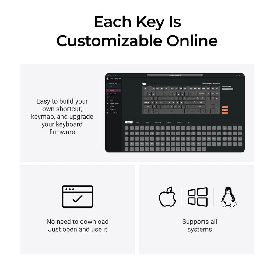Keychron C3 Pro (C3PX-H1) QMK/VIA Mechanical Red Switch - 8K Polling Rate Hot Swap. 80% US RGB