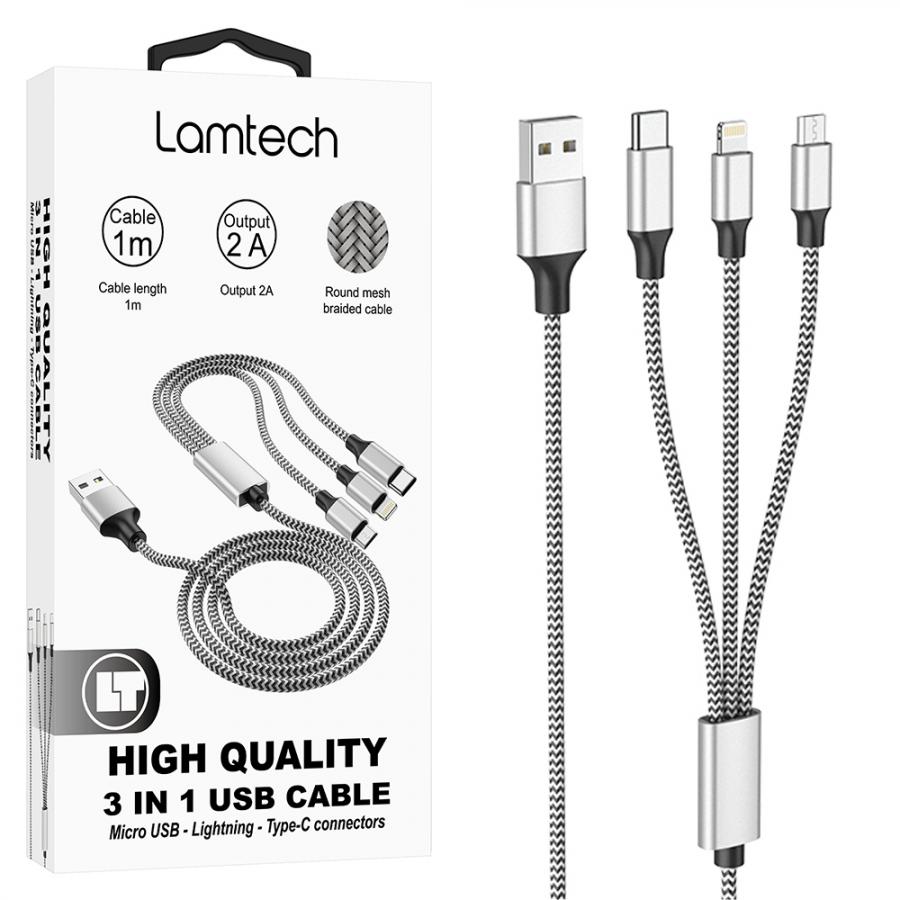 LAMTECH HIGH QUALITY 3 IN 1 USB CABLE WITH METALLIC SHELL SILVER 1M