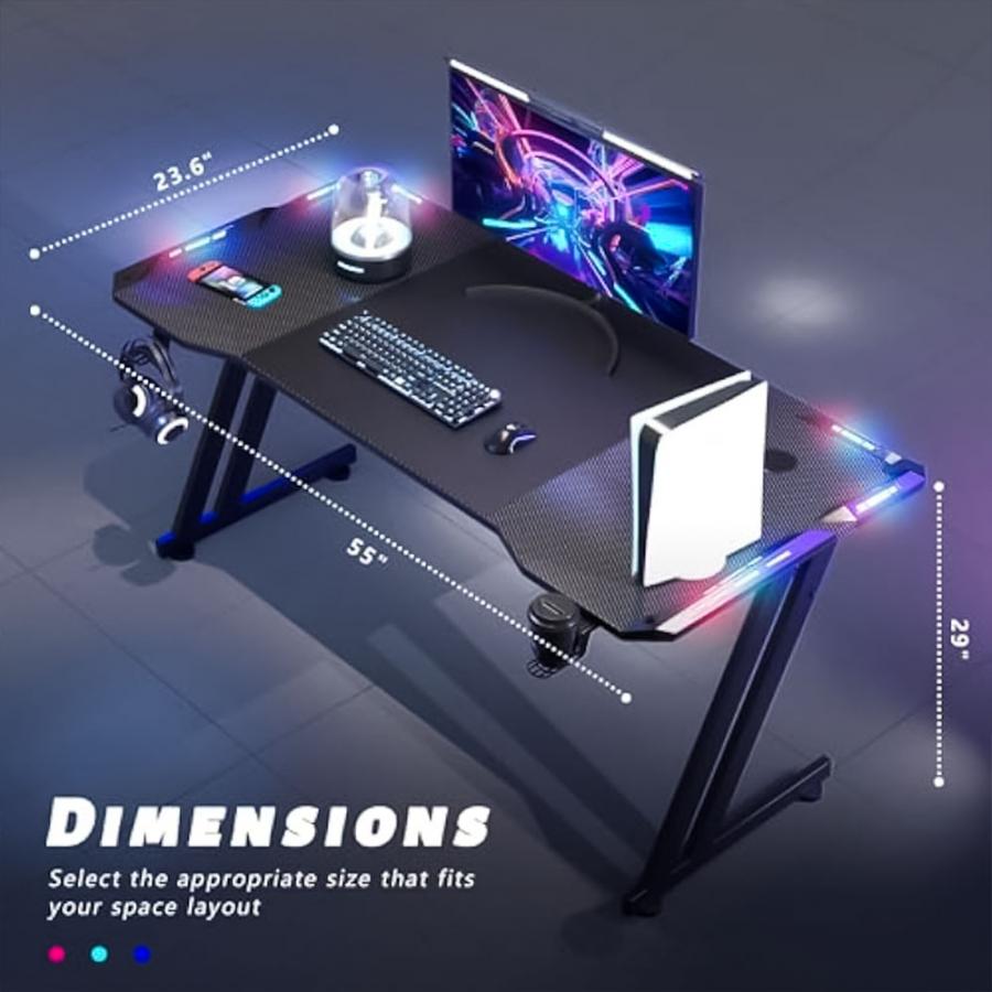 LAMTECH RGB GAMING DESK WITH CUP HOLDER & HEADPHONE HOOK