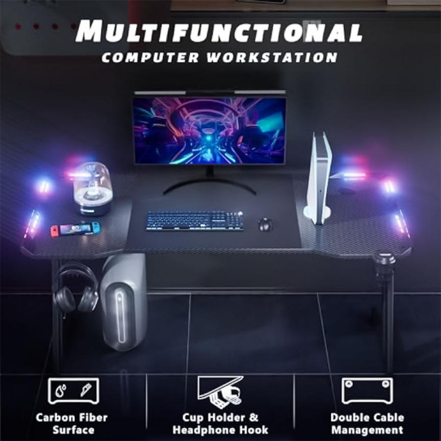 LAMTECH RGB GAMING DESK WITH CUP HOLDER & HEADPHONE HOOK