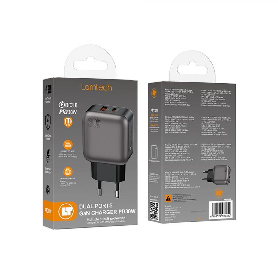 LAMTECH DUAL PORT GaN CHARGER PD30W GREY
