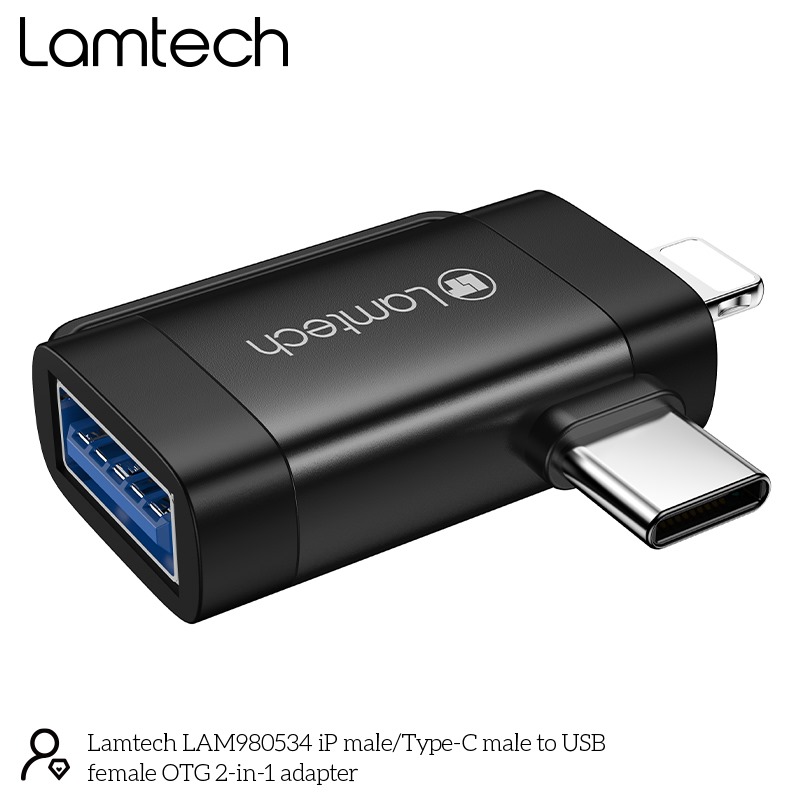 LAMTECH 2-IN-1 PORTABLE ADAPTER IP/USB-C MALE TO USB2.0 FEMALE BLACK