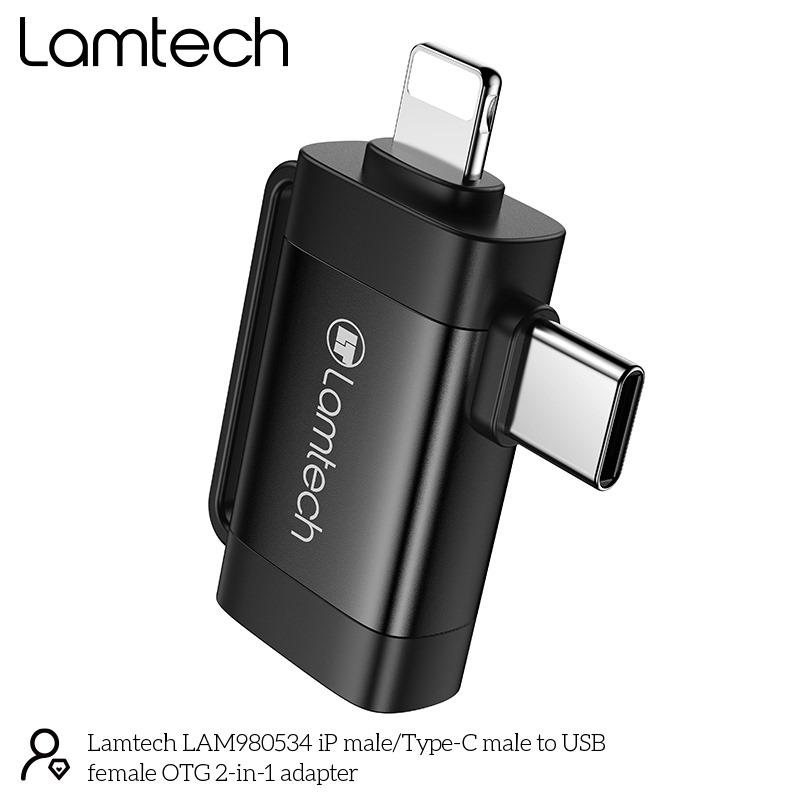 LAMTECH 2-IN-1 PORTABLE ADAPTER IP/USB-C MALE TO USB2.0 FEMALE BLACK