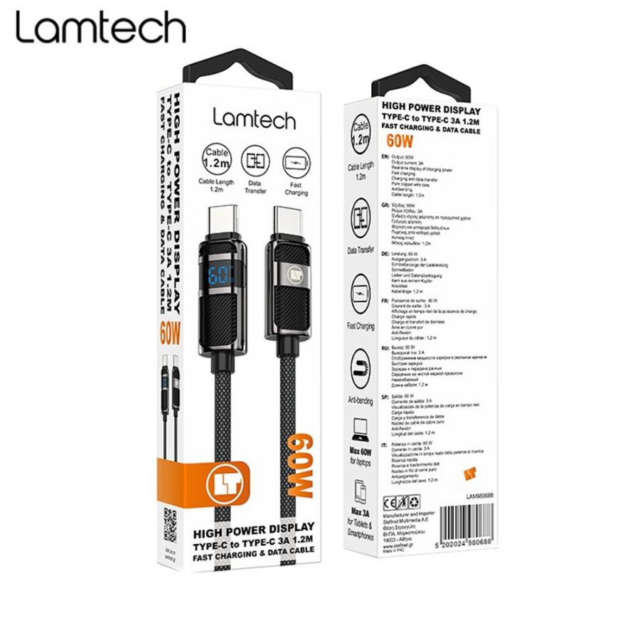 LAMTECH TYPE-C TO TYPE-C 3A HIGH POWER DISPLAY CHARGE & DATA CABLE 60W 1.2M BLACK